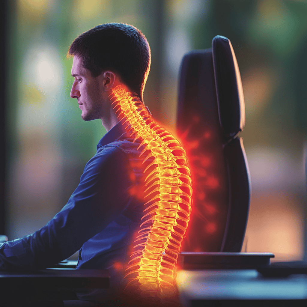 Working in a shoulder rolled and slouched position to cause mid back pain