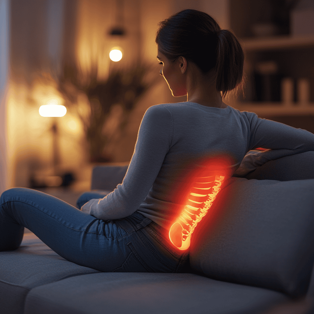 Slouching demonstration into a sofa with poor posture to cause back pain